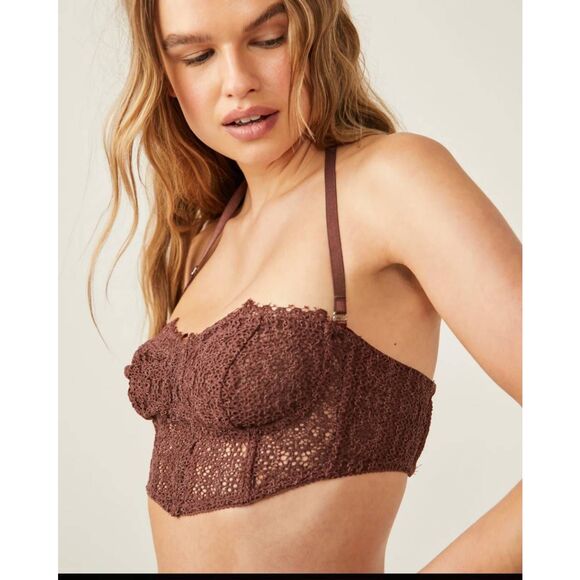 Free People Intimately Brown Lace Crochet Bralette Nylon Sz L - Picture 6 of 8